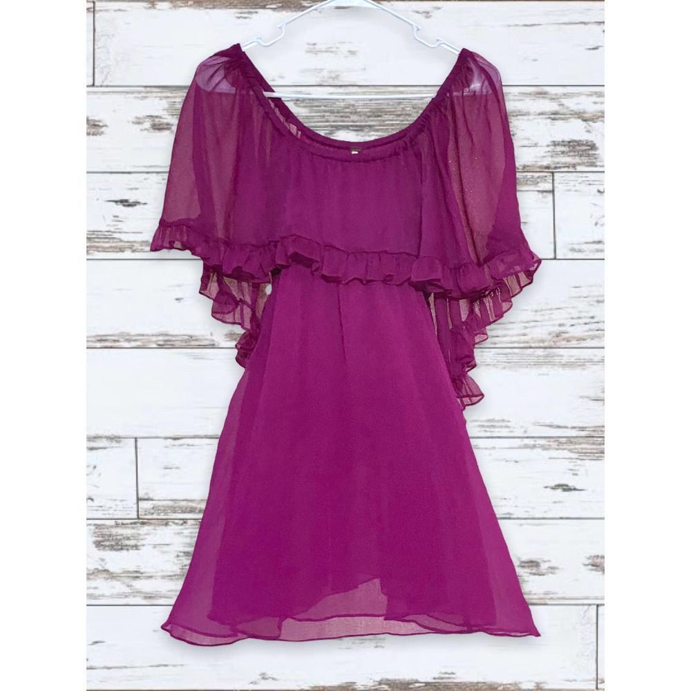 Free People Sheer Hot Raspberry Ruffle Off Shoulder Babydoll Dress Size Small